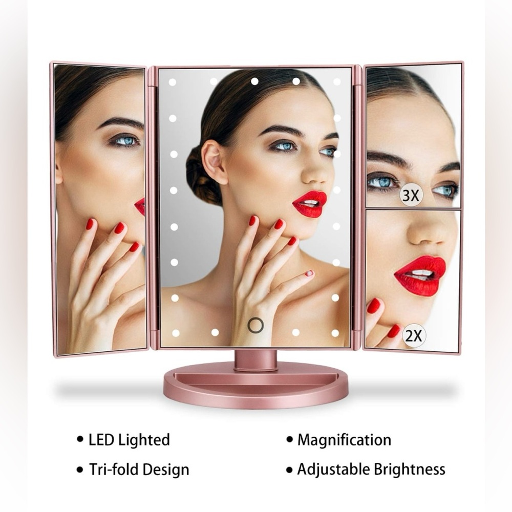 DEWEISN Dresser Rose Gold Tri-Fold Lighted Vanity Mirror w 21 LED Lights - BNIB